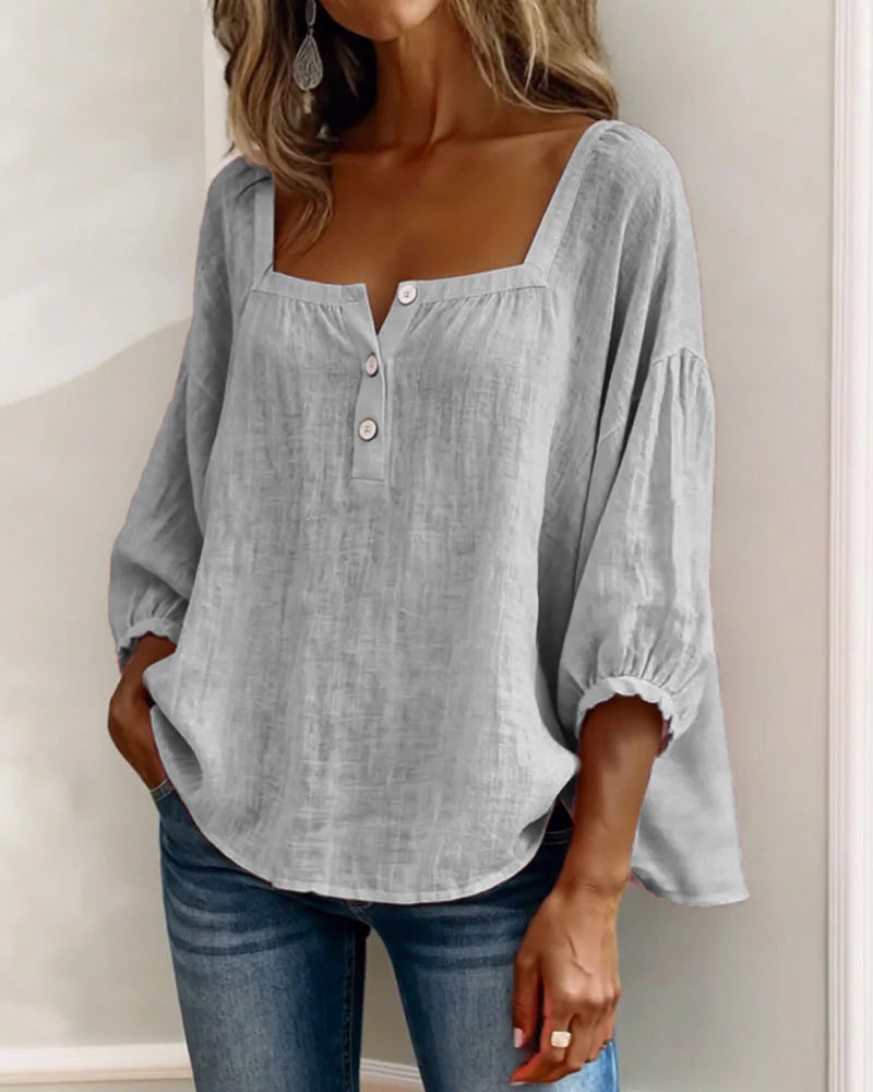 Linnen Blouse met Vierkante Hals