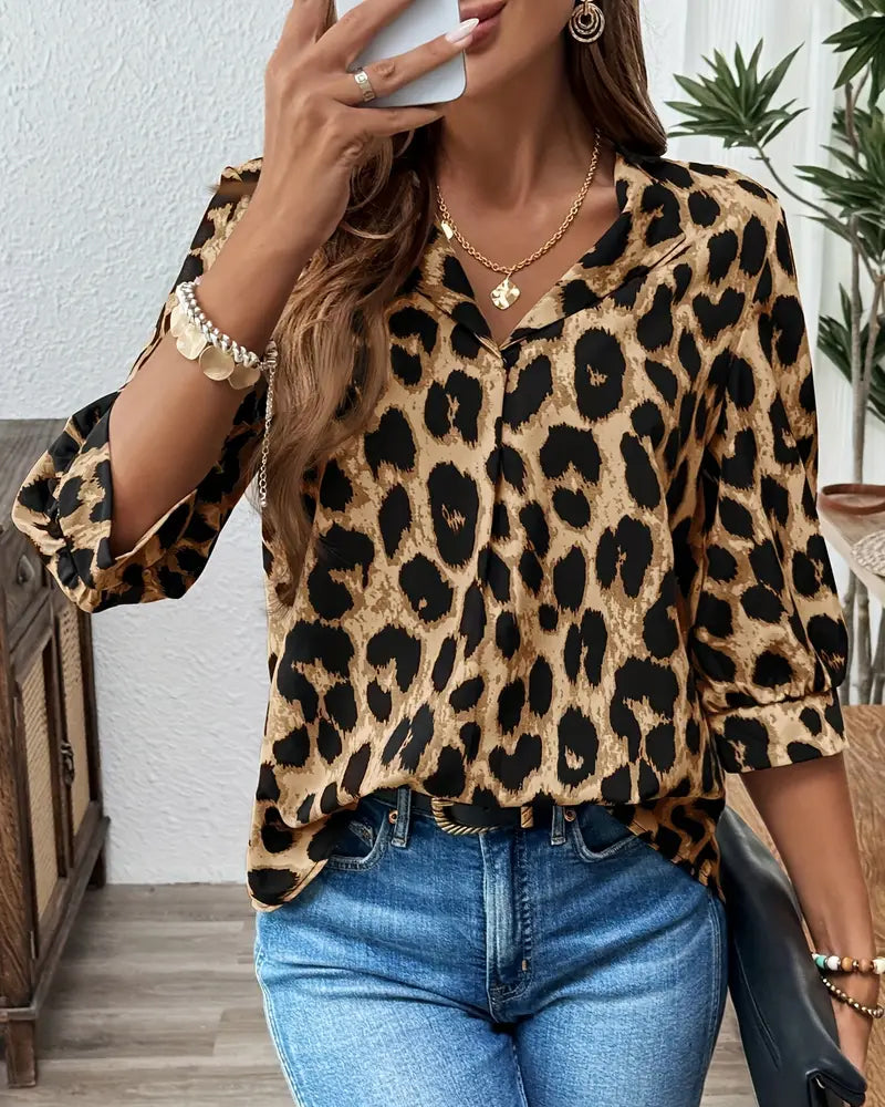 Luipaardprint Blouse met Halflange Mouwen