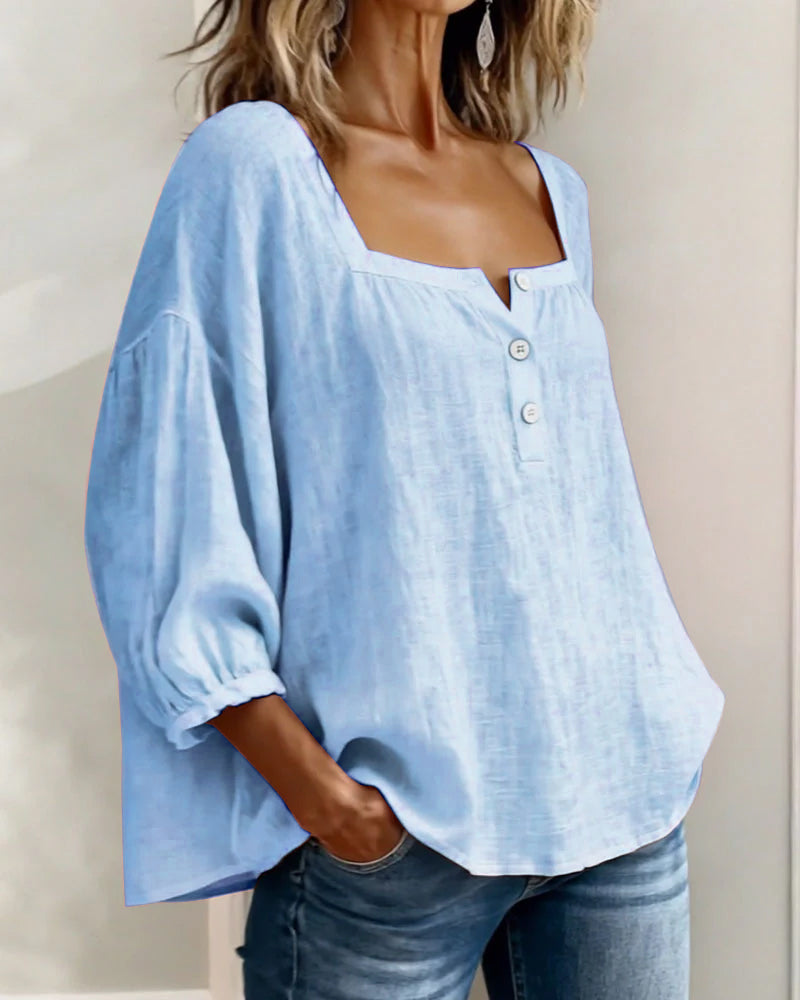 Linnen Blouse met Vierkante Hals