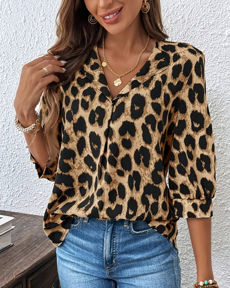 Luipaardprint Blouse met Halflange Mouwen