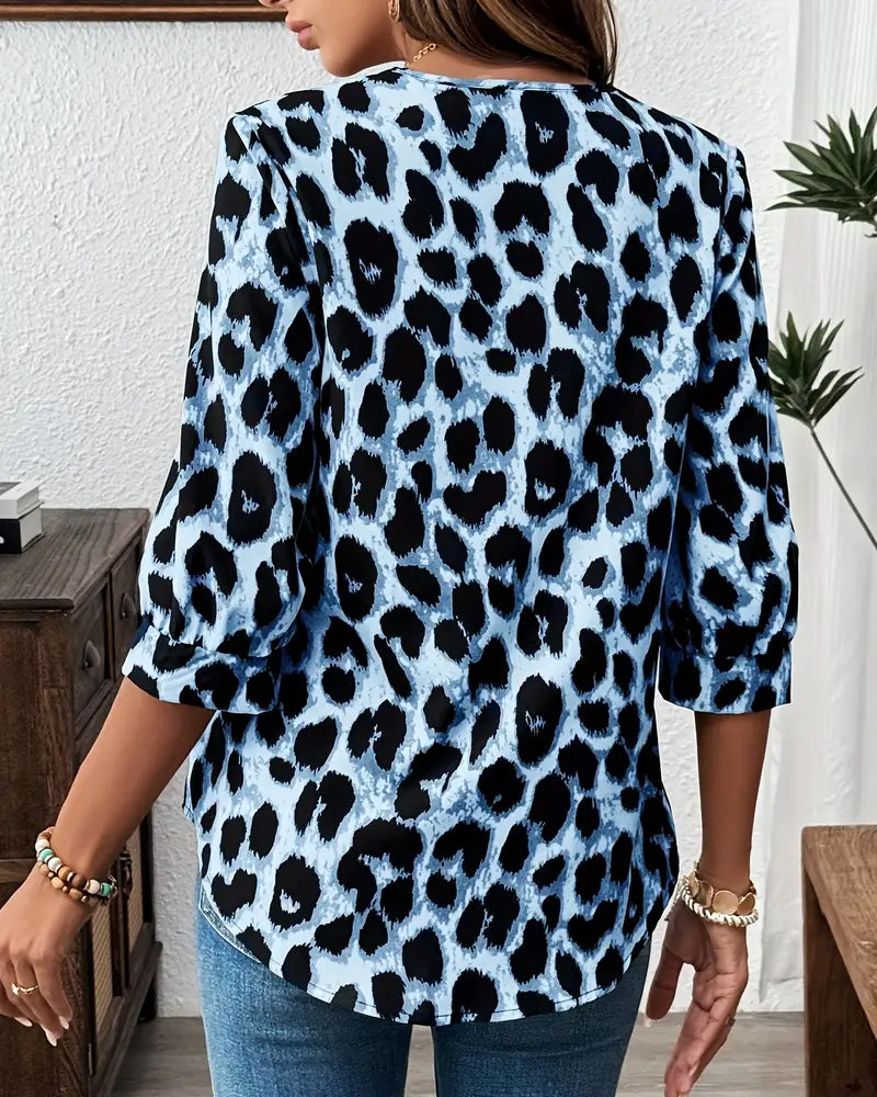 Luipaardprint Blouse met Halflange Mouwen