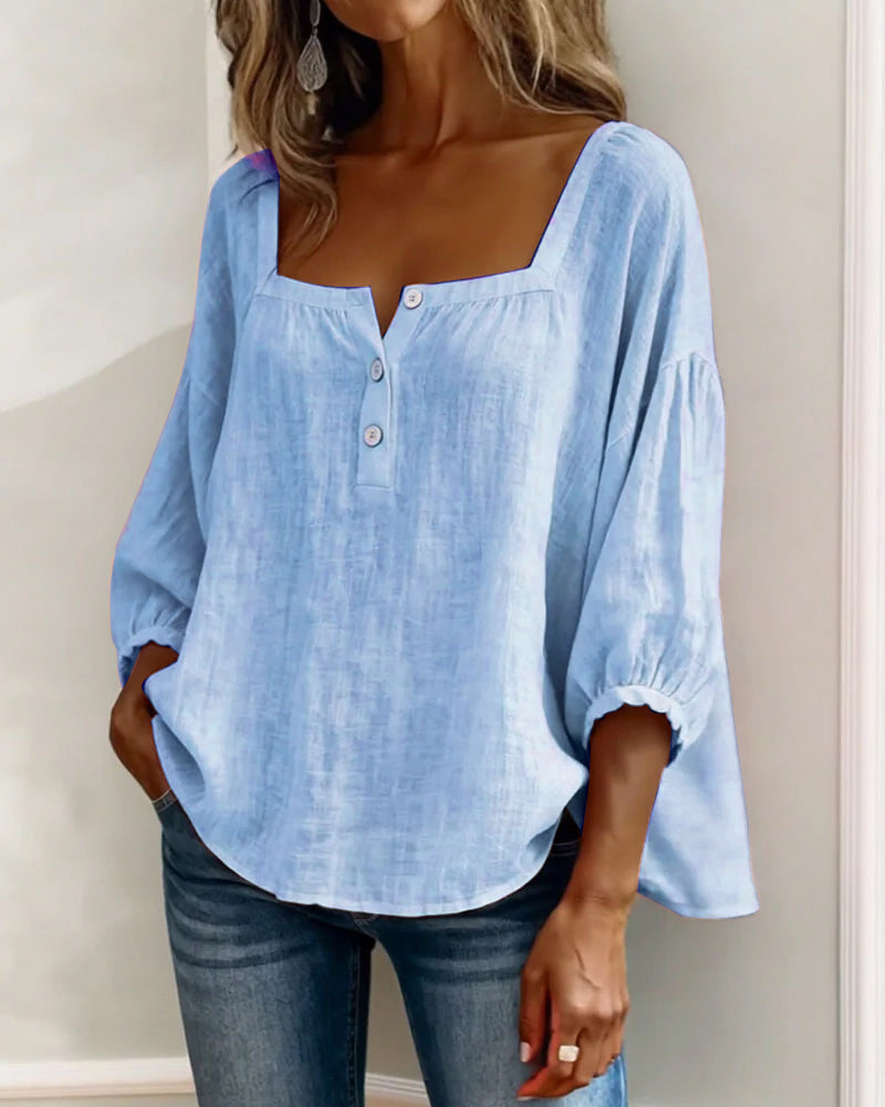 Linnen Blouse met Vierkante Hals