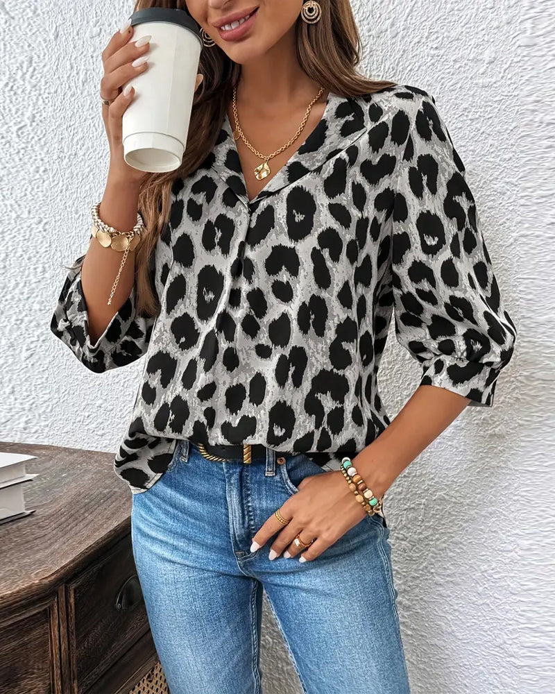 Luipaardprint Blouse met Halflange Mouwen