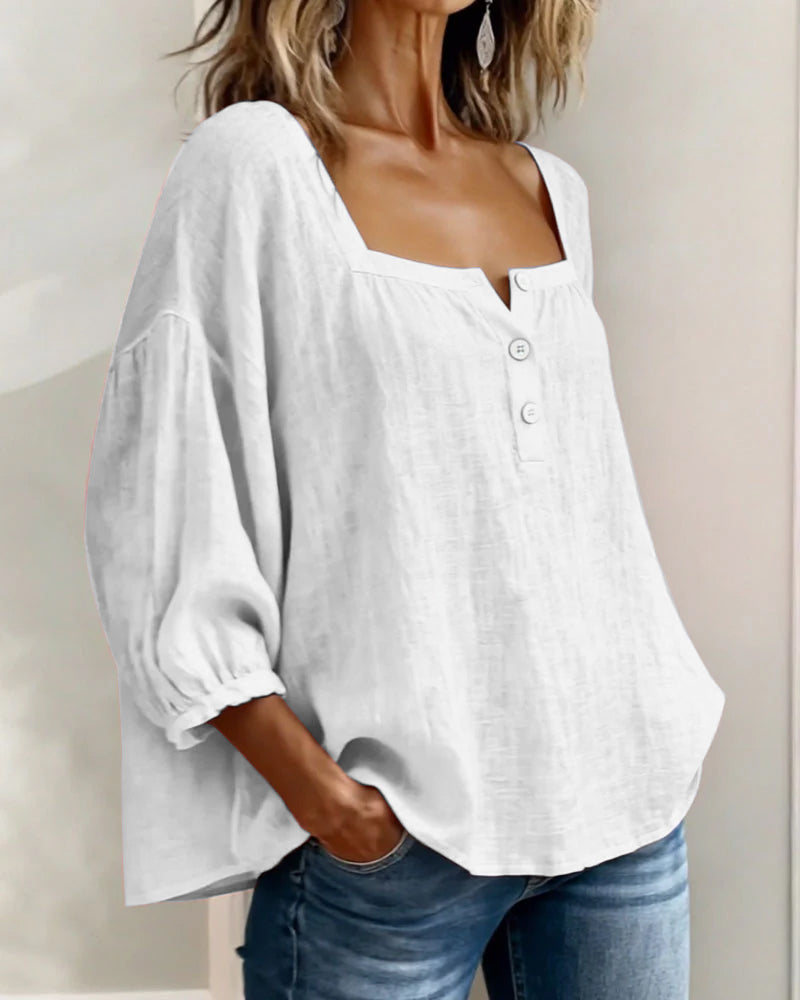 Linnen Blouse met Vierkante Hals