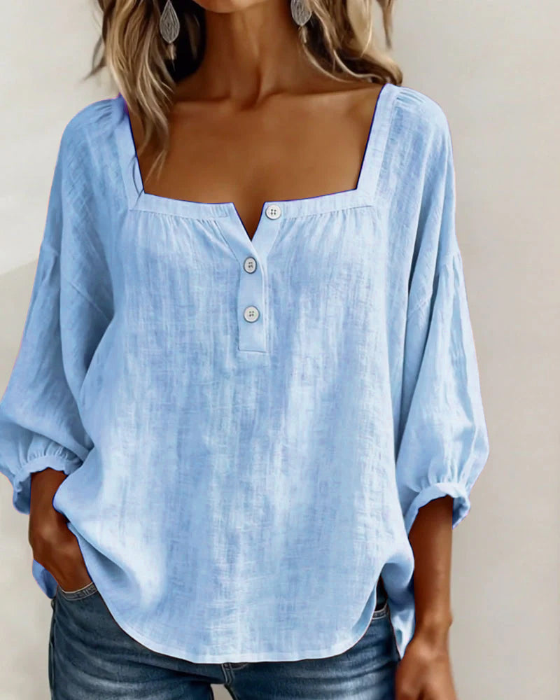 Linnen Blouse met Vierkante Hals