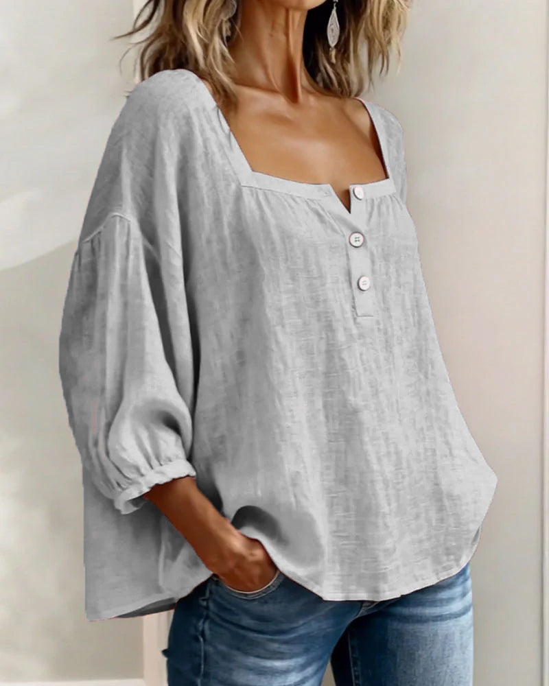 Linnen Blouse met Vierkante Hals