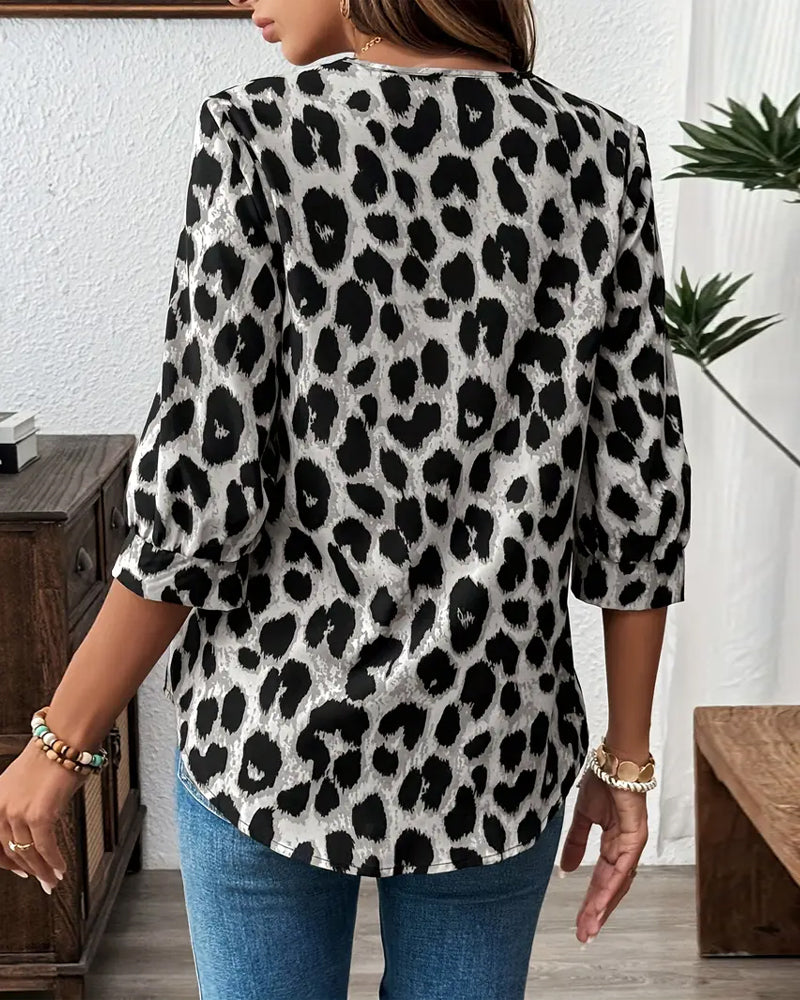 Luipaardprint Blouse met Halflange Mouwen